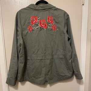 Style & Co. Olive Utility Jacket with Red Rose Embroidery